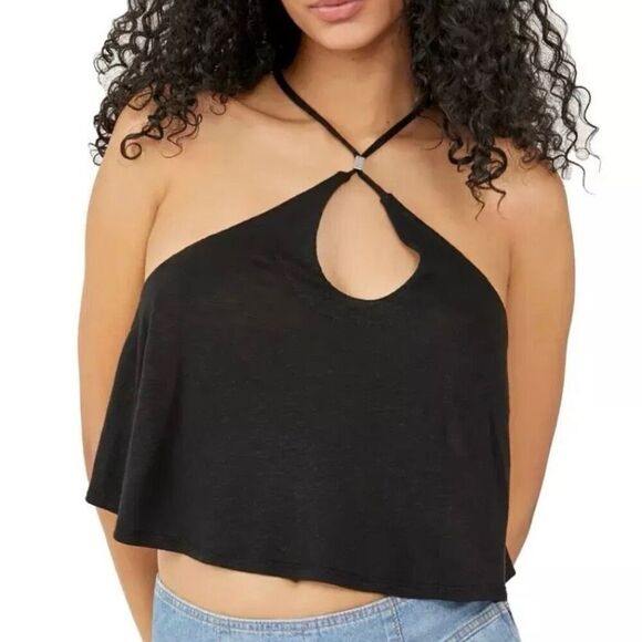 Free People Long Weekend Black Linen Blend Flowy Keyhole Crop Top NWT Size Small - Picture 1 of 8